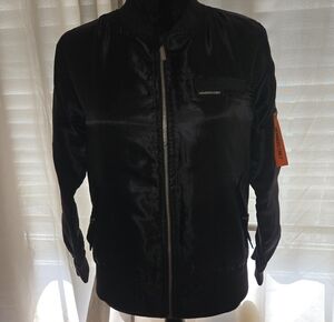 Members Only Black Satin Zip-Front Bomber Jacket with Orange Sleeve Tag